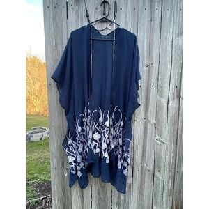 Navy Blue Embroidered Floral Kimono Wrap Open Front Cardigan Coverup